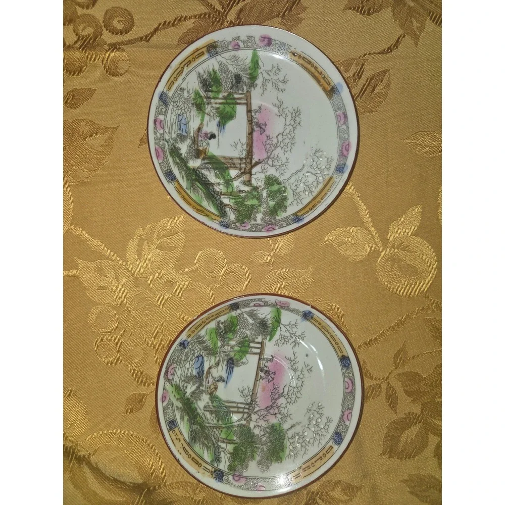 Vintage Made in Japan Porcelain Saucers Set of 2 Hand Painted Landscape Geisha